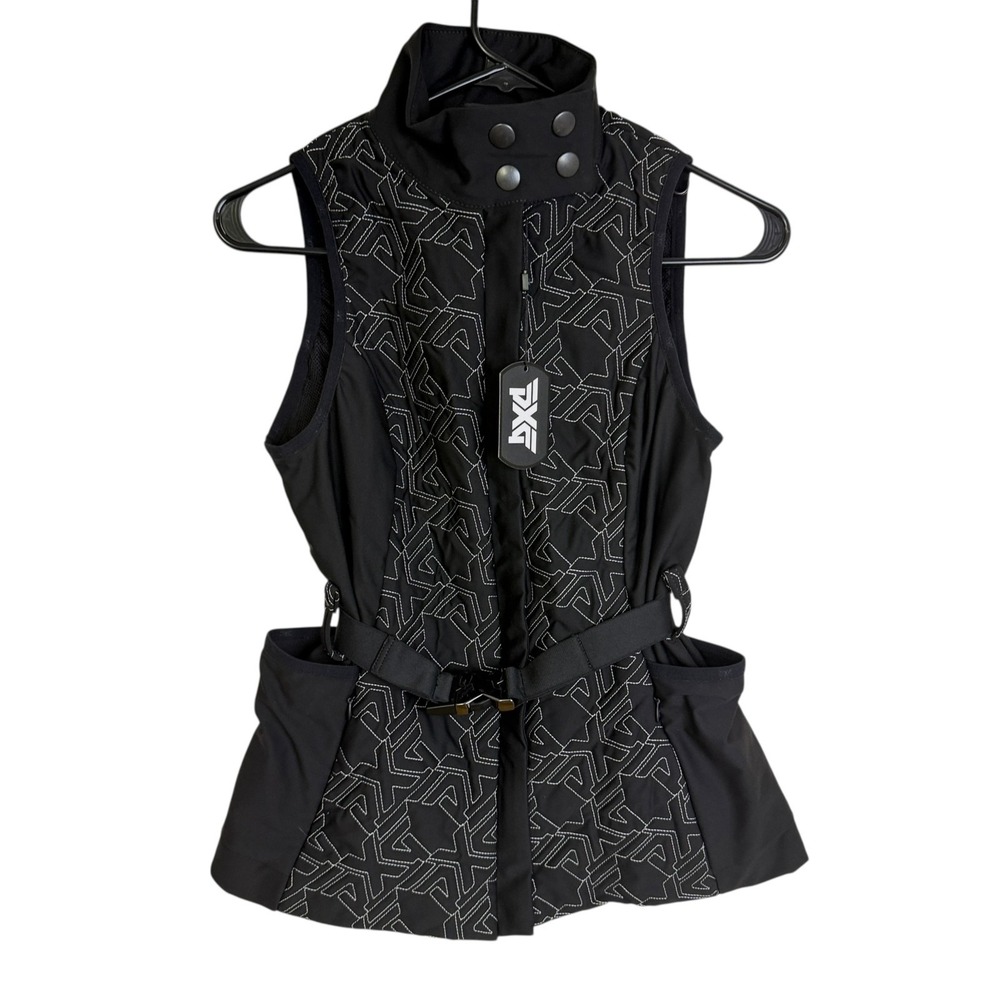 PXG Golf Vest Womens XS Black AOP Logo Embroidered Belt Full Zip Outdoor NWT